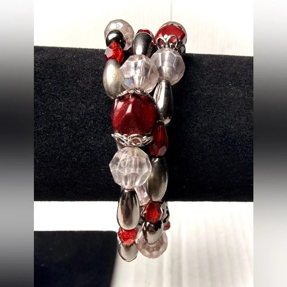 Red Clear‎ Silver Beaded Coil Bracelet Stretch Wire Multi Strand Filigree Wrist